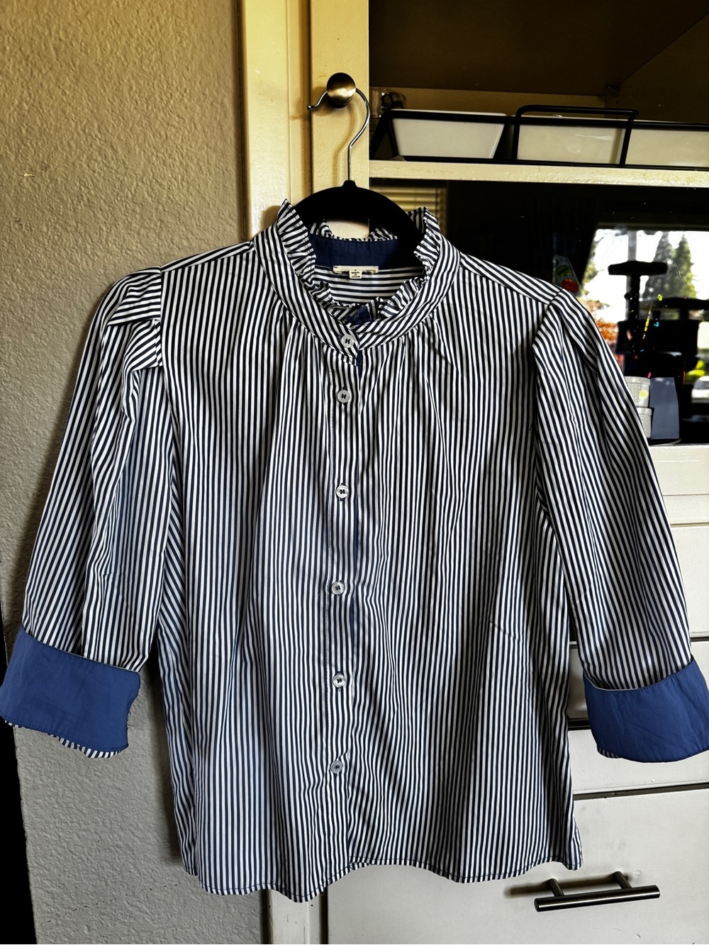 JODIFL Black & White Striped Button-Down Shirt with Blue Cuffs